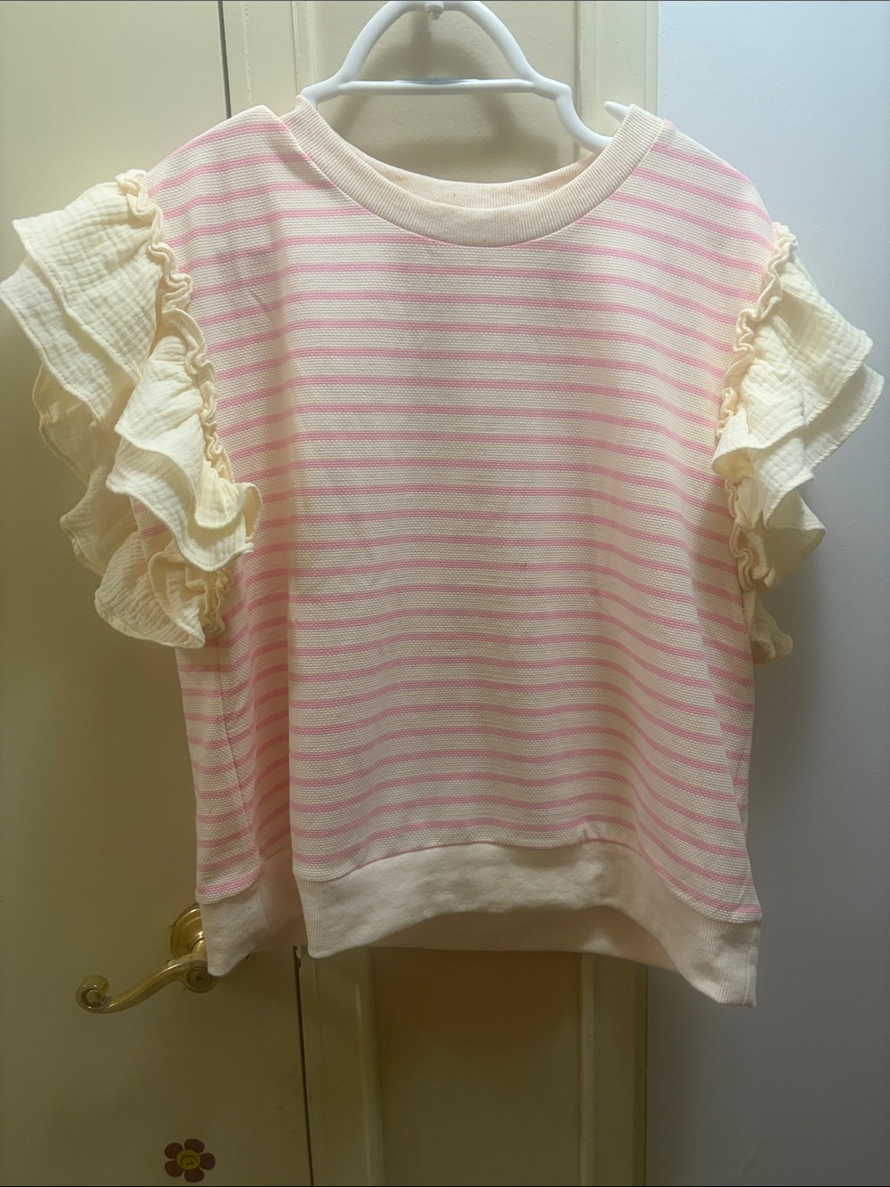 JODIFL Pink & Cream Striped Ruffle Sleeve Tee